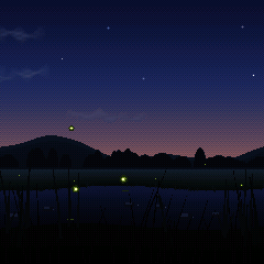 Fireflies over a stream at dusk