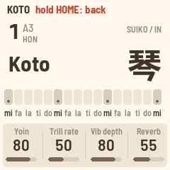 The instrument: Koto, its kanji, the key lights and the HOME page's four knobs