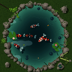 The koi pond by day, seen from above: koi among lily pads in a ring of stones