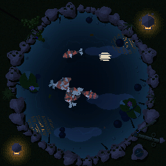 The koi pond at night, a stone lantern lit and the moon on the water