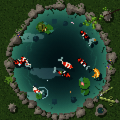 The koi pond in the pixel-art style